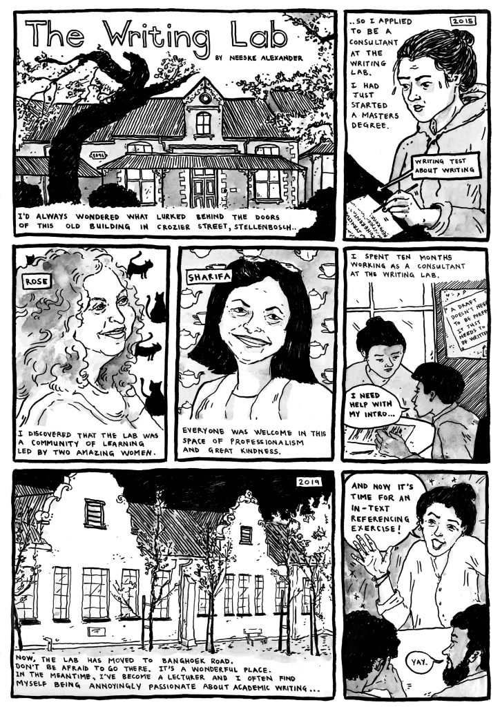 Writing Lab comic by Neeske Alexander, an artist and former writing consultant.