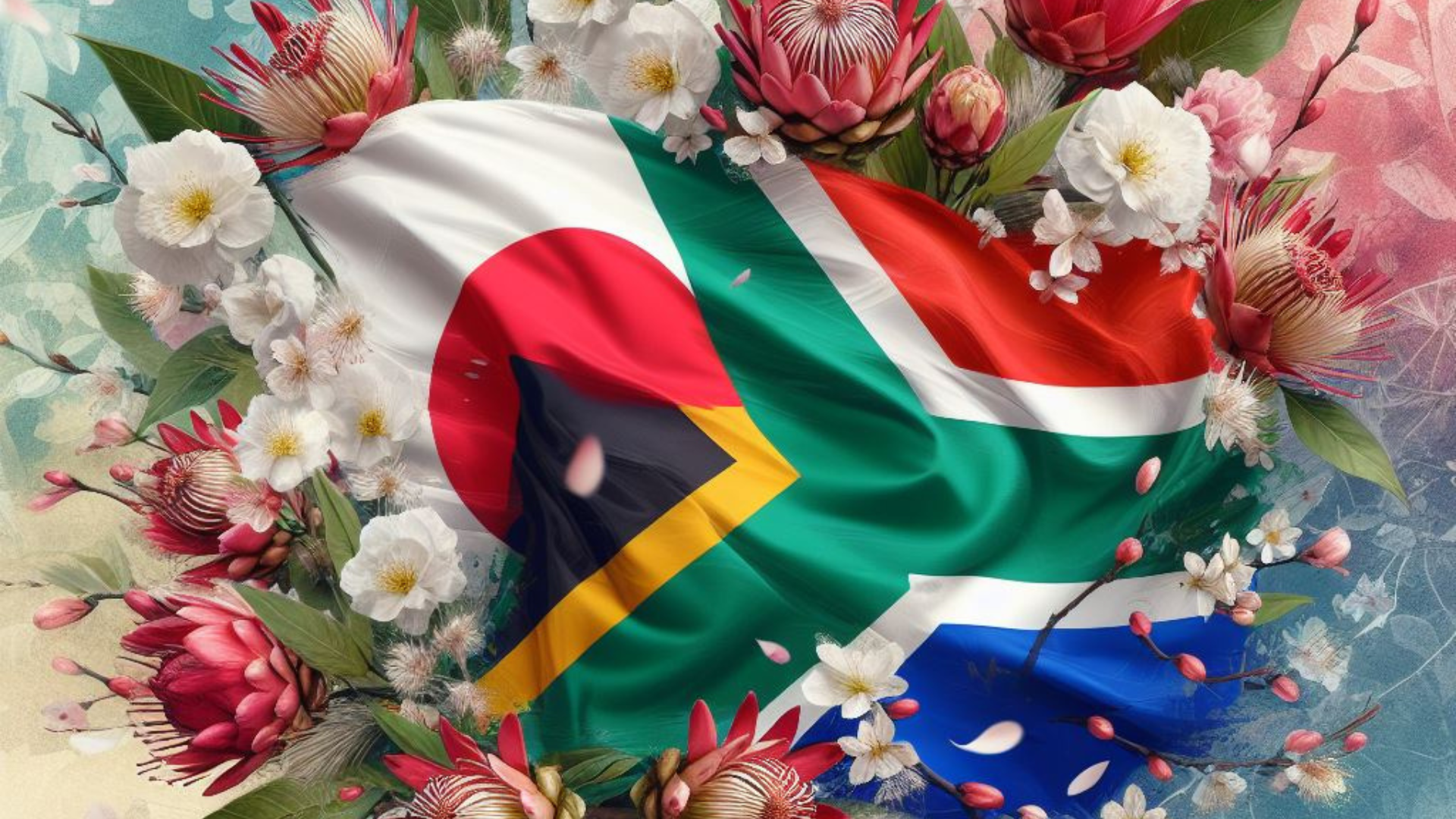 This image features the Japanese and South African flags surrounded by proteas and sakura flowers. It was created using artificial intelligence and Microsoft Designer. The prompt for the image included keywords such as 'Japan,' 'South Africa,' and 'Cooperation.' Inge Odendaal provided the original prompt.